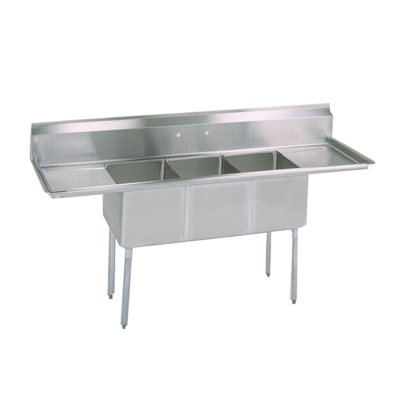 BK Resources BKS-3-18-12-18T 90" 3 Compartment Sink w/ 18"L x 18"W Bowl, 12" Deep, 18/304 Stainless Deck & Bowls