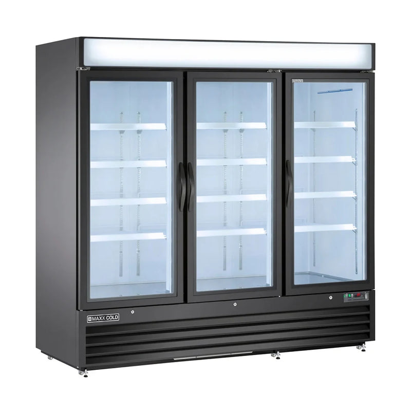 Maxx Cold MXM3-72RBHC 81" X-Series Three Section Glass Door Merchandiser - (3) Left/Right Hinge Doors, Black, 120v
