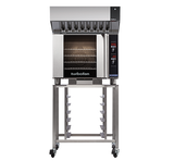 Turbofan E31D4 - Half Size Sheet Pan Digital Electric Convection Oven with Halton Ventless Hood on a Stainless Steel Stand