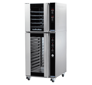 Turbofan E32D5/P12M - Full Size Sheet Pan Digital Electric Convection Oven Double Stacked on a Manual Electric Proofer and Holding Cabinet