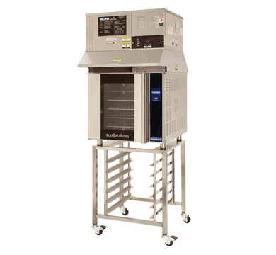 Turbofan E32T5 and SK32 Stand with OVH-32D - Full Size Sheet Pan Touch Electric Convection Oven on a Stainless Steel Stand with ventless hood
