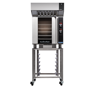 Turbofan E32D5 - Full Size Sheet Pan Digital Electric Convection Oven with Halton Ventless Hood on a Stainless Steel Stand
